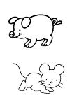 A pig with a curly tail to left. A mouse which rescht walks with his tail up.